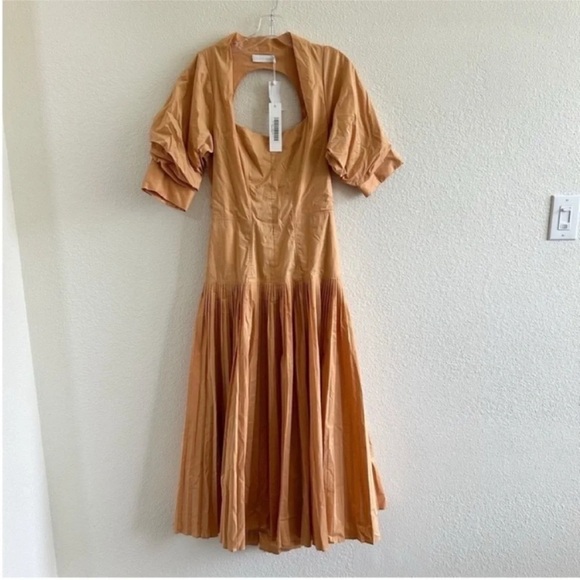 Jonathan Simkhai Iva Pleated Poplin Midi Dress Butterscotch NWT - Picture 3 of 6